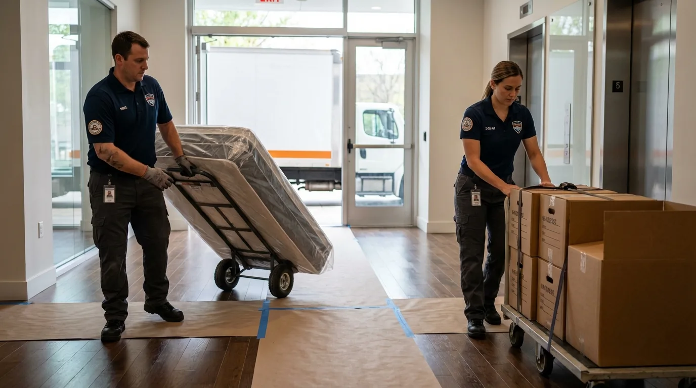 Professional apartment movers loading elevator in Logan, OH
